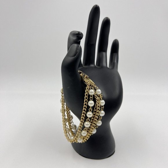 Vintage Act 2 Gold Tone Faux Pearl Multi Strand Bracelet - Picture 1 of 8